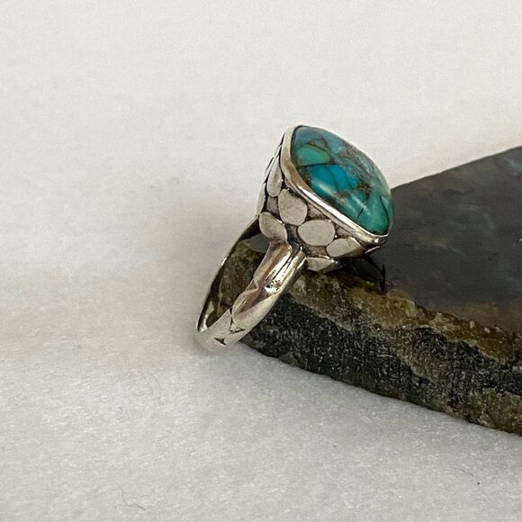 Sterling Silver 925 India Chunky Pebbled Bezel Set Square Turquoise Ring Sz 8 - Picture 5 of 16